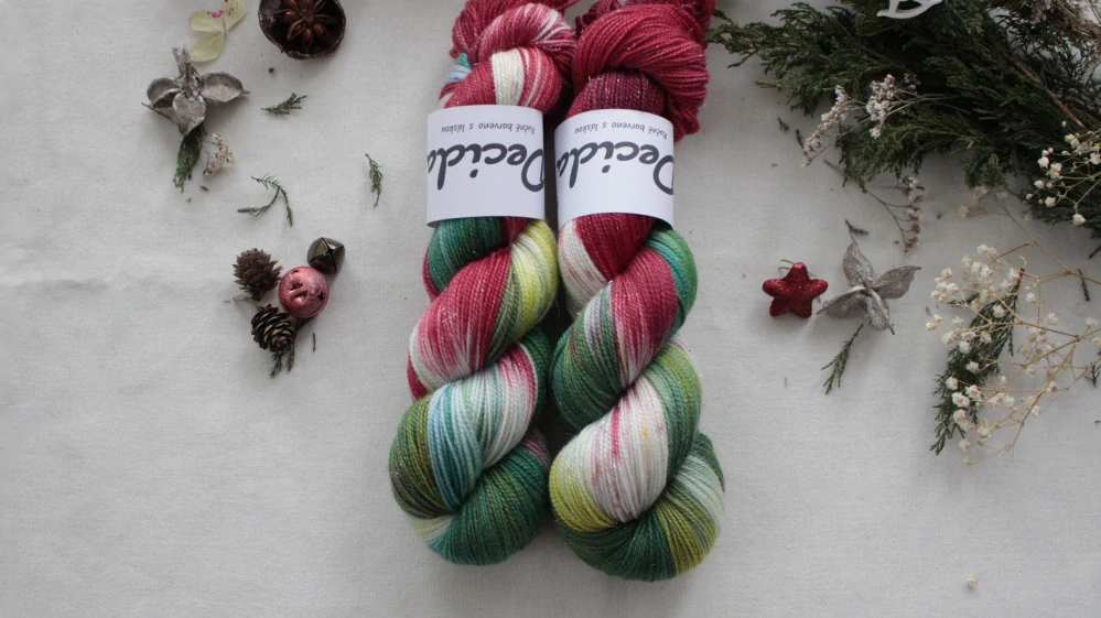 Set "Vánoční girlanda ZELENÁ" - 120g Merino sw/Nylon/Stříbrná Stellina 400m